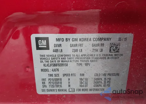 2015 Buick Encore Convenience z USA, uszkodzony, nr VIN KL4CJFSB0FB209158